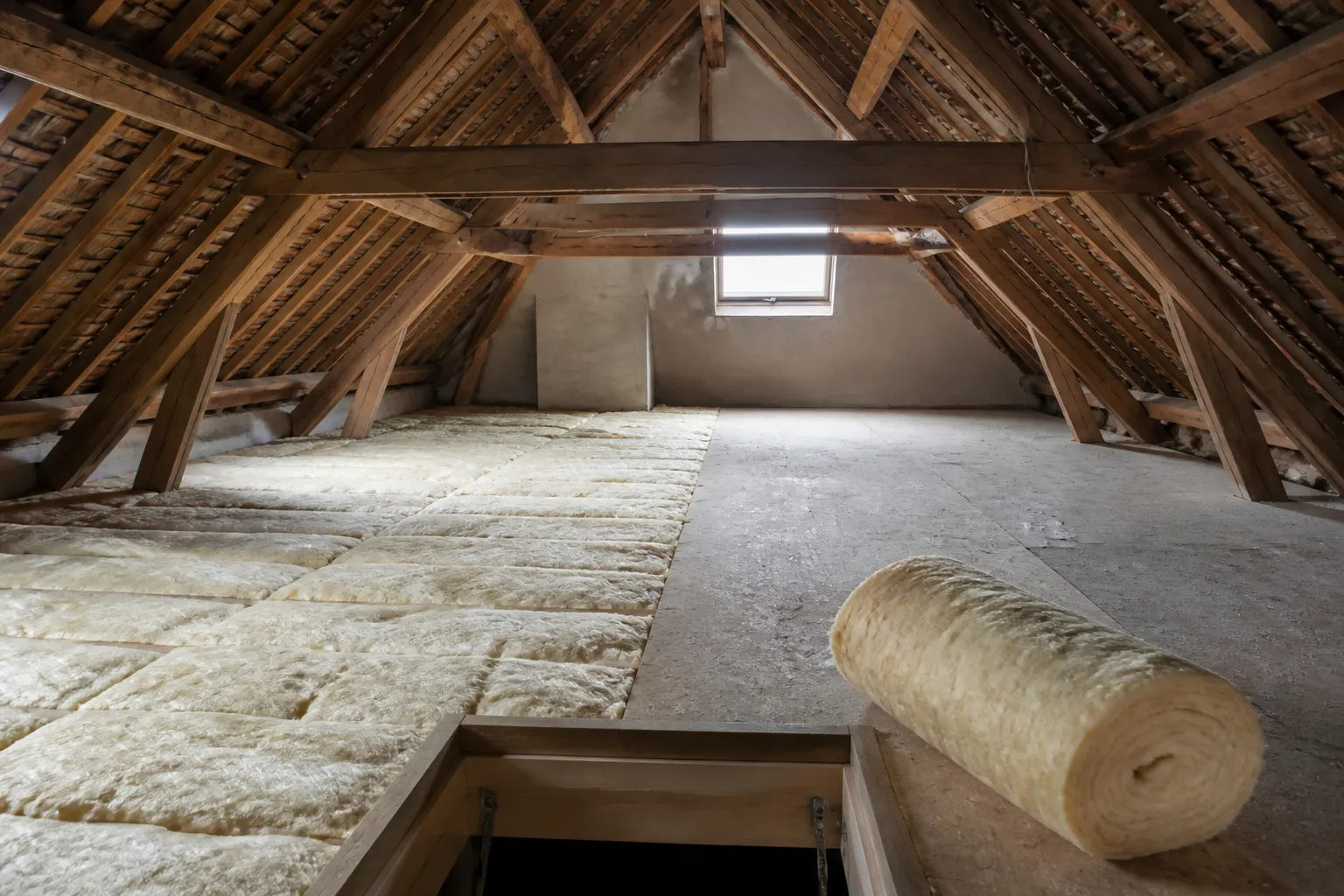 Combles en cours d’isolation sous charpente ancienne, isolant déroulé entre les solives sur une moitié du plancher de comble