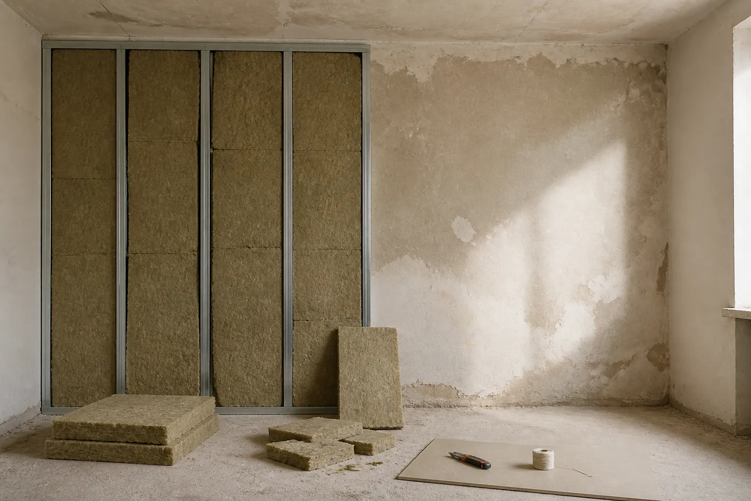 Doublage intérieur monté sur la moitié gauche d’un mur de pièce vide, panneaux isolants insérés entre les montants, mur décapé à droite