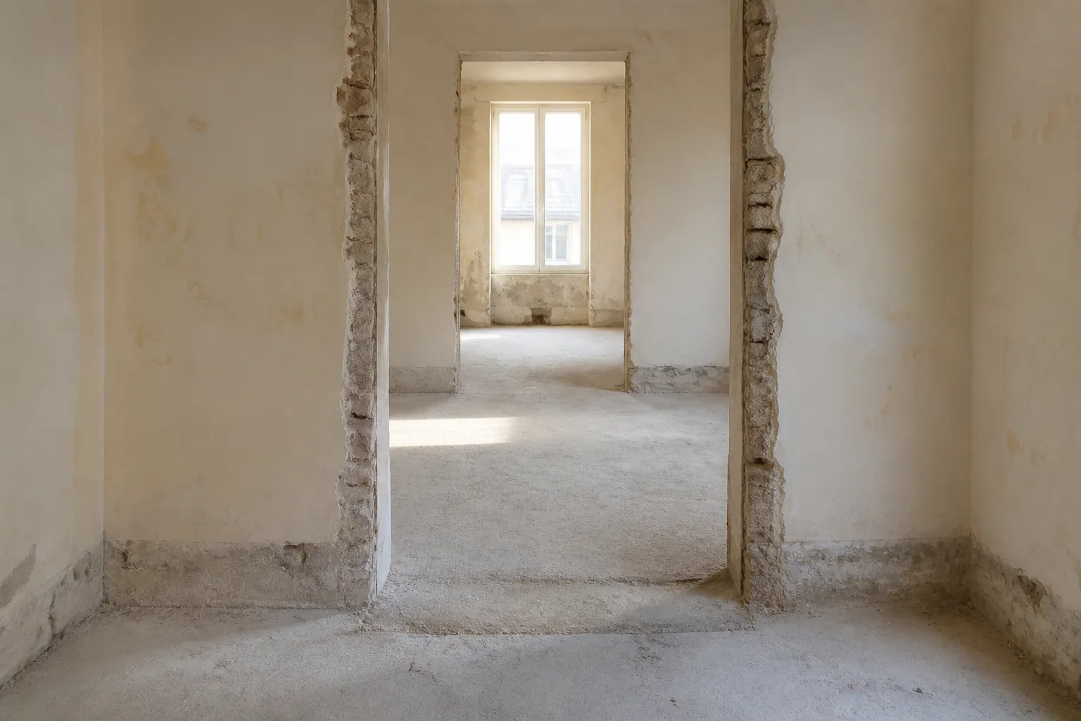 Enfilade de deux pièces nues vue depuis une embrasure dont le bloc-porte a été déposé, sol brut et seconde fenêtre dans l’axe