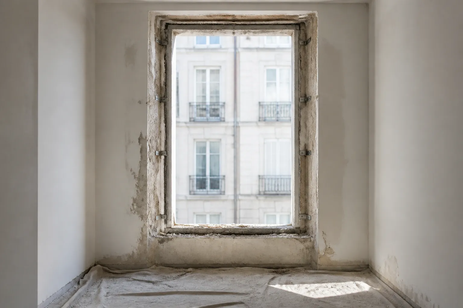Tableau de baie entièrement nu après dépose d’une fenêtre, jambages de plâtre et maçonnerie ancienne apparents, appui en attente