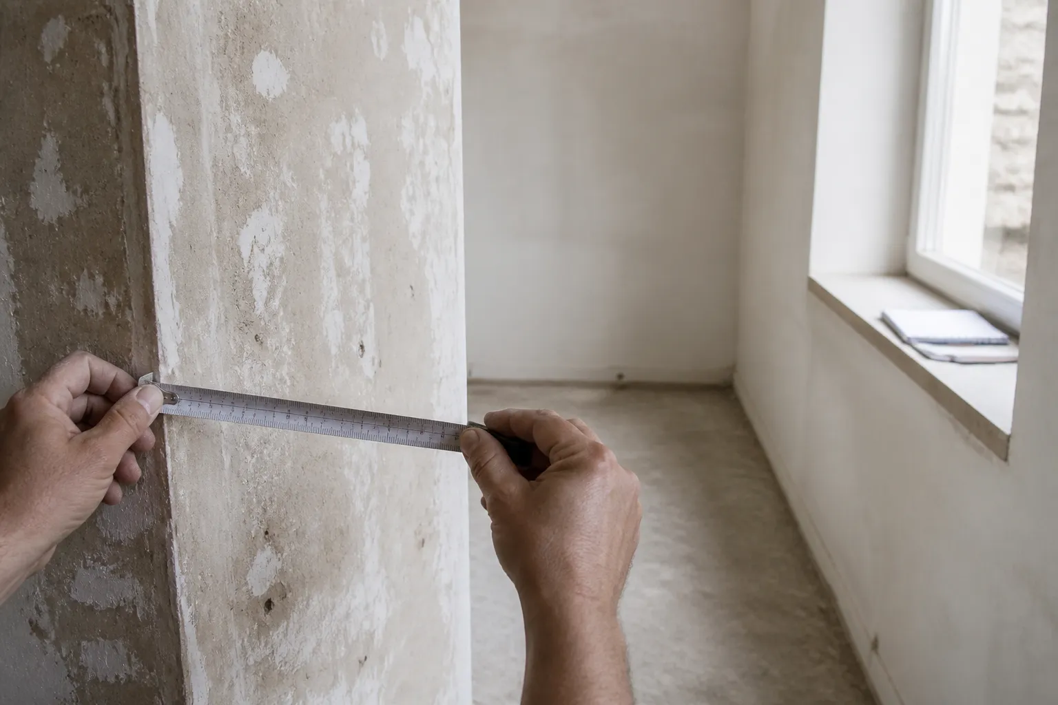 Mains tenant un mètre ruban déployé le long d’un mur décapé, carnet ouvert posé sur un appui de fenêtre nu