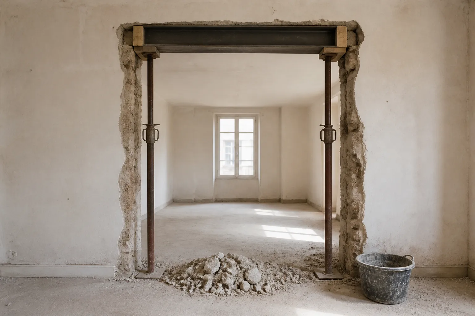 Ouverture pratiquée dans un mur de refend intérieur, deux étais métalliques en place et linteau calé au-dessus de la trémie