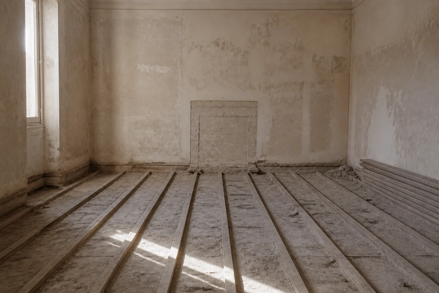 Pièce entièrement vide en plein jour, plancher brut après dépose du parquet, murs décapés jusqu’au plâtre et fenêtre nue sans rideau