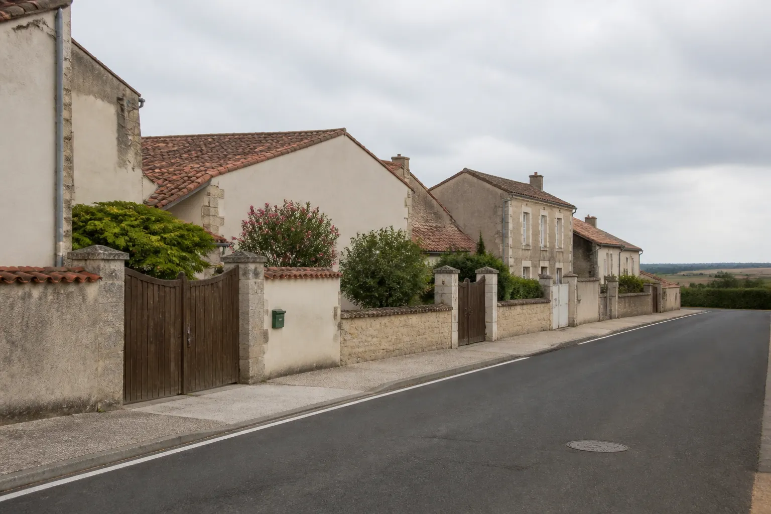 Rue de bourg ligérien, maisons basses accolées en pierre et enduit clair, portails de cour et plaine ouverte au bout de la rue