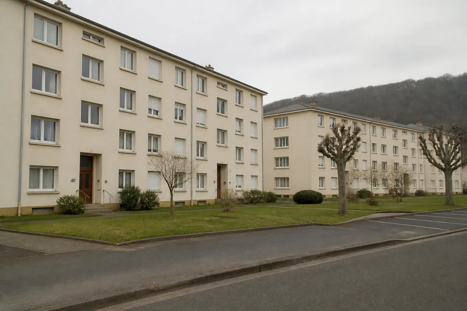 Rue de collectifs des années cinquante et soixante, façades enduites claires, trame répétitive de fenêtres et relief de vallée en fond