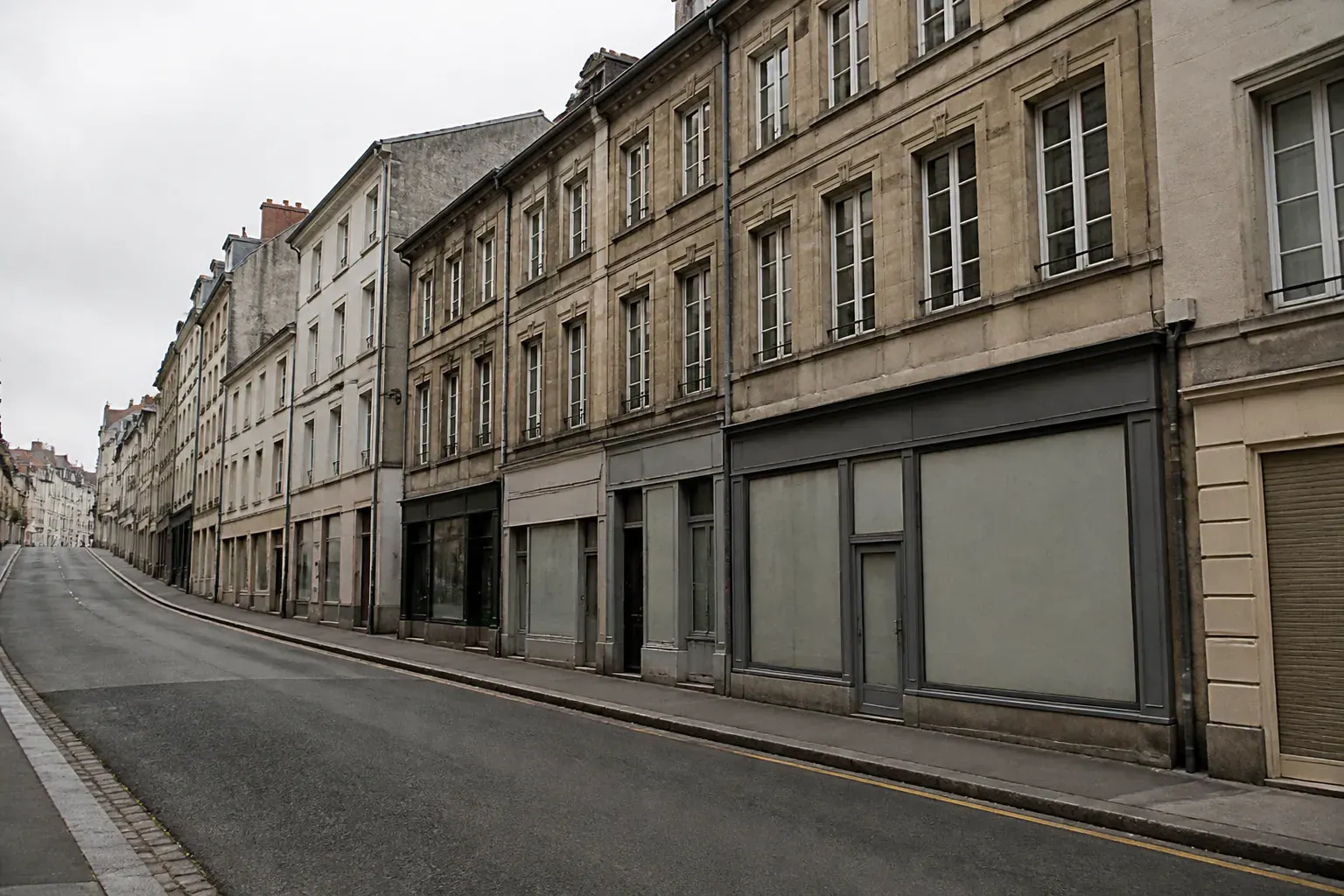 Rue en pente bordée d’immeubles de ville du dix-neuvième siècle, façades de pierre et d’enduit patiné, baies verticales à petits carreaux